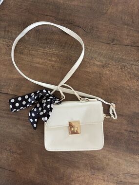 White Crossbody Bag with Gold Hardware and Polka Dot Scarf
